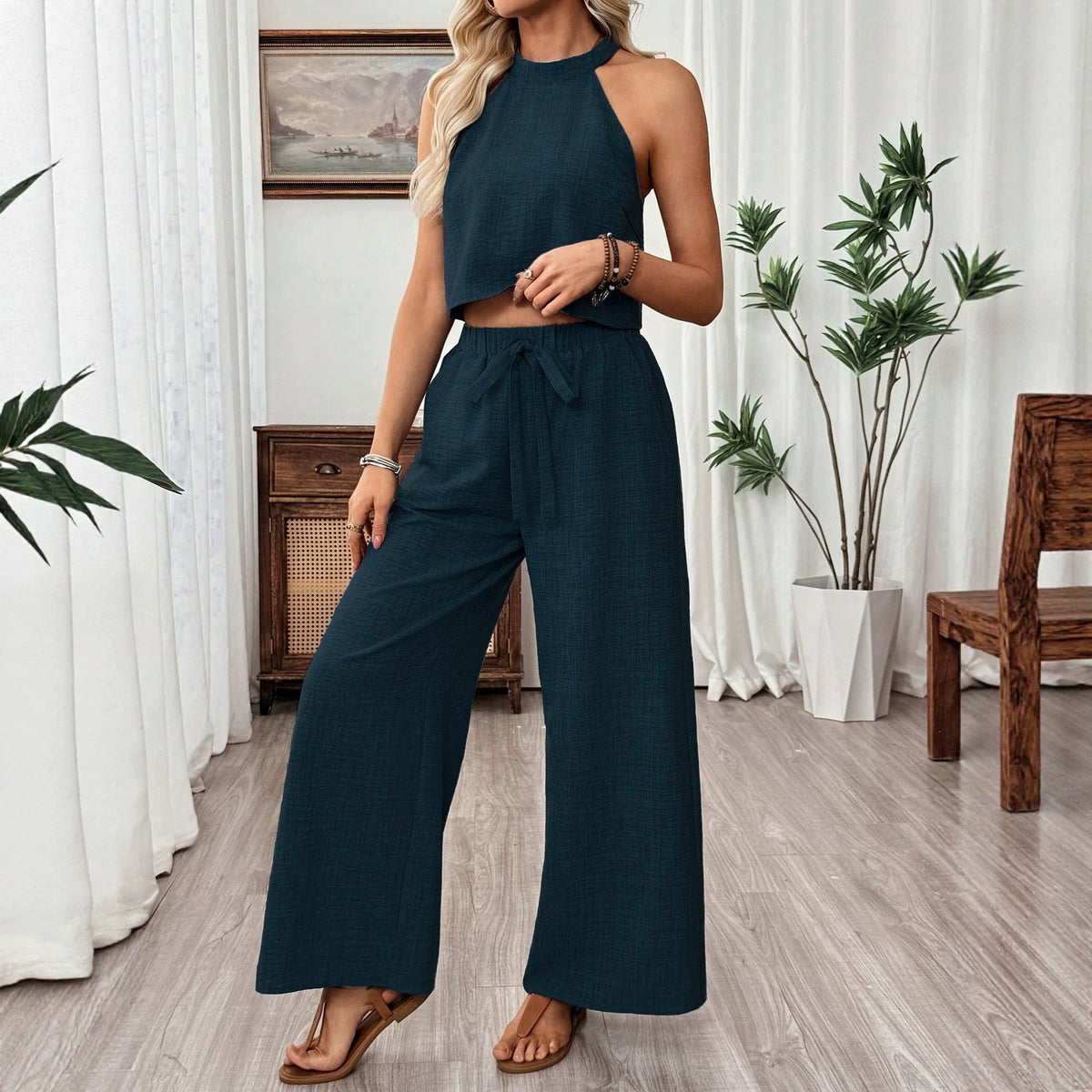 Women's Halter Sleeveless Wide Leg For Two-piece Fashion Casual Suit