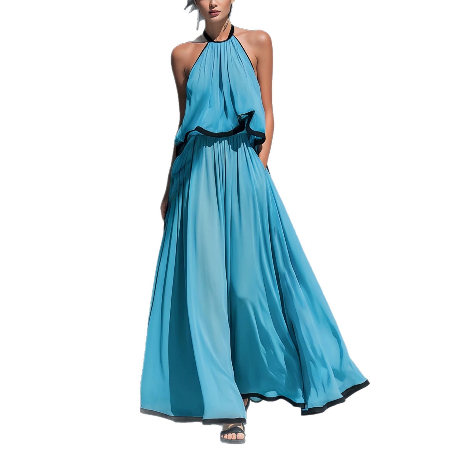 Halter Sleeveless High Waist Big Swing Long High-grade Chiffon Two-piece Fashion Casual Suit