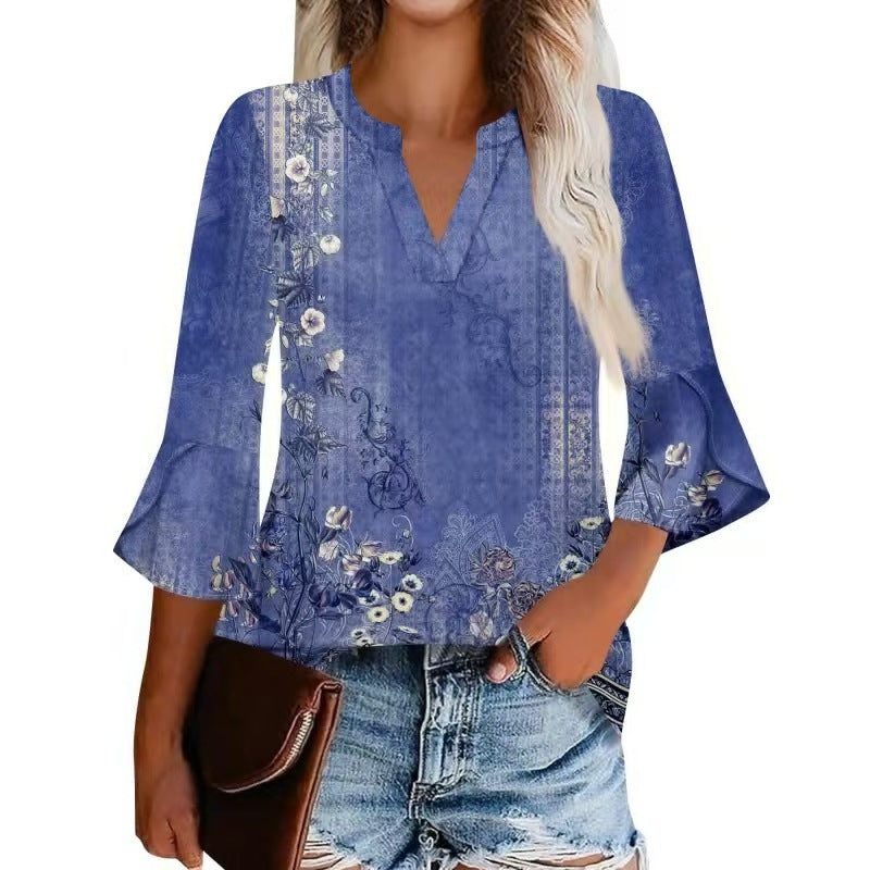 Women's Shirt Petal Sleeve Fashion Printed Loose Blouse
