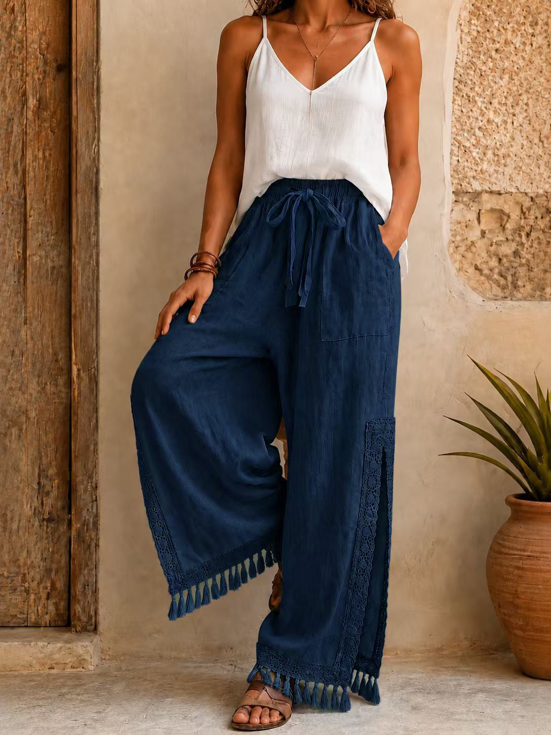 Women's Side Slit Lace Tassel Bohemian Vacation Style Pants