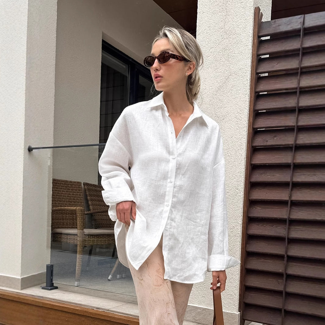 Women's Solid Color Loose Cotton Linen Lapel Long Sleeve Shirt Commuter Blouse