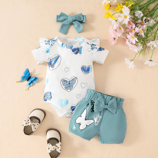 Sleeve Triangle Rompers Corduroy Bow Shorts Children's Suit