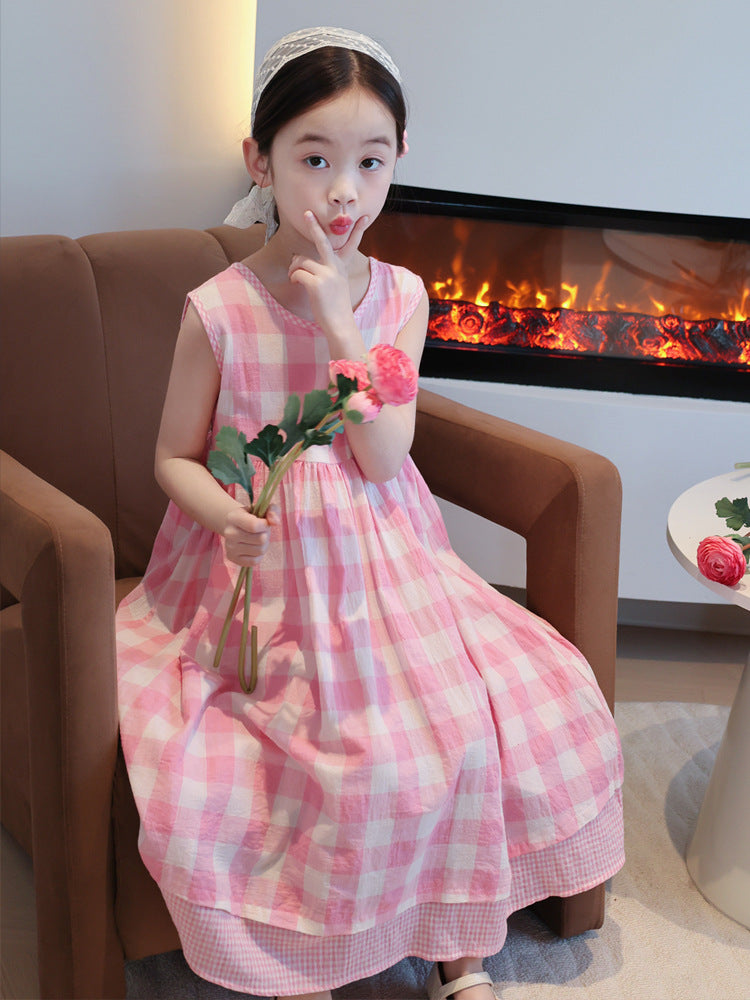 Pink Summer Seaside Skirt Sleeveless Cotton Children's Dress