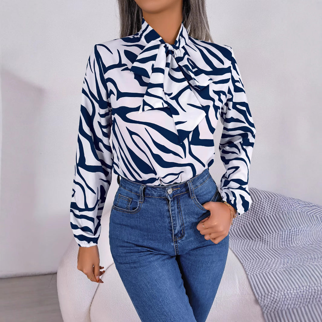 Women's Elegant Contrast Color Striped Lantern Sleeve Lace Shirt, Chiffon Shirt