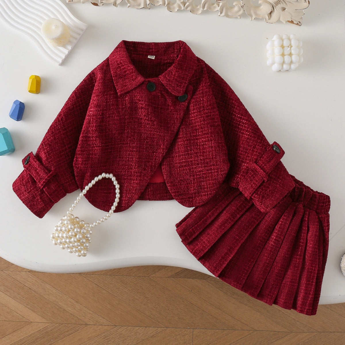 Woolen Coat Pleated Short Skirt Two-piece Little Children's Suit
