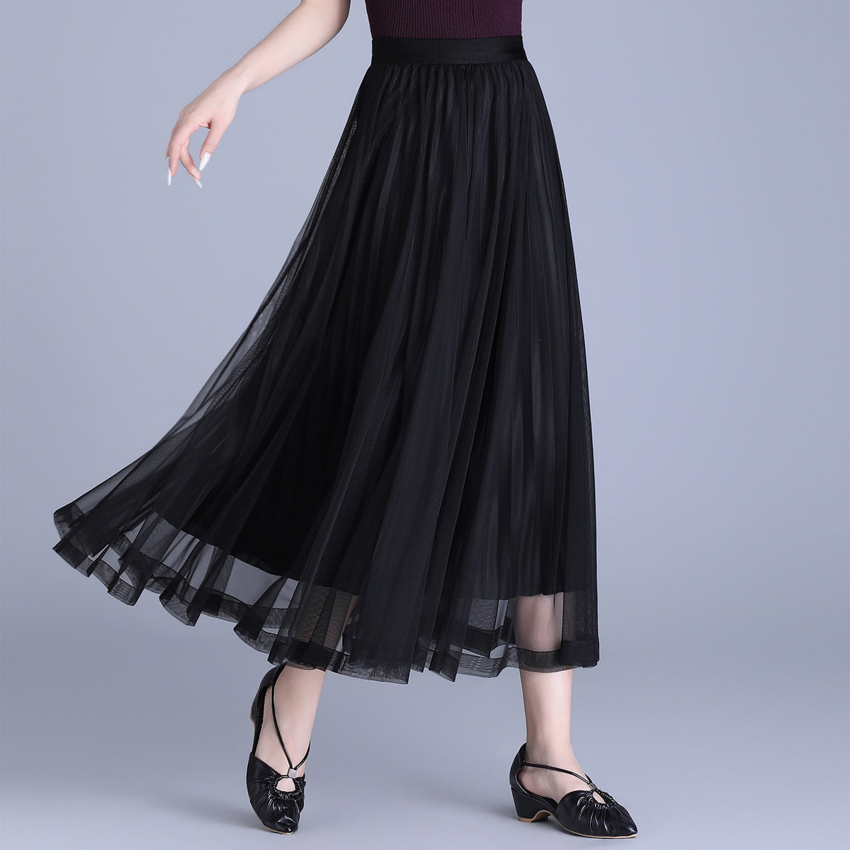 Women's Hem Gauzy Double-sided Wear Woolen Pleated Mid-length Skirts