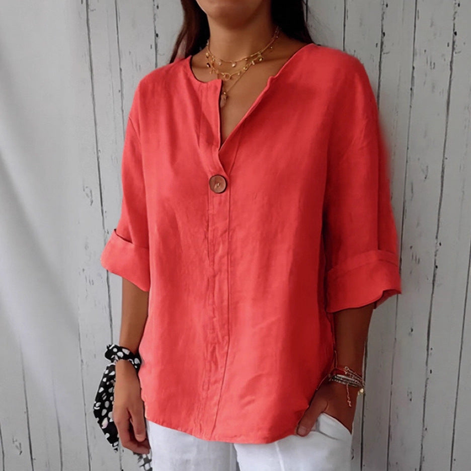 Women's Summer Loose Solid Color Buttons Cotton Blouse