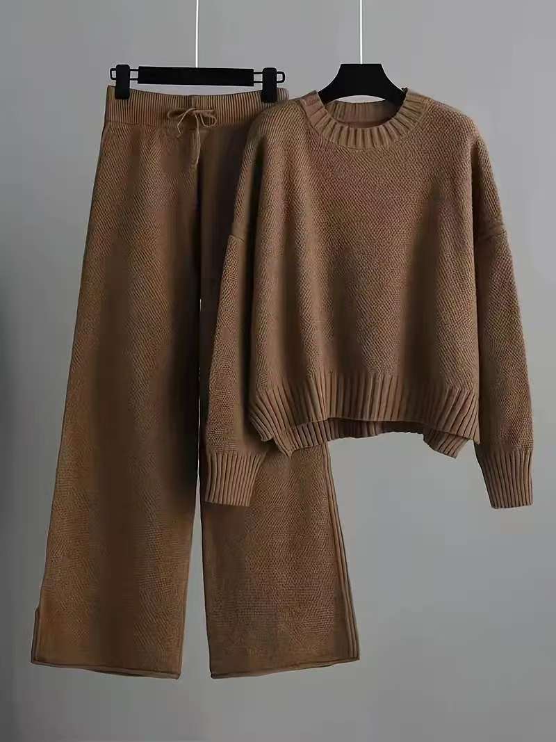 Women's Knitted Two-piece Crew Neck Pullover Straight Fashion Casual Suit