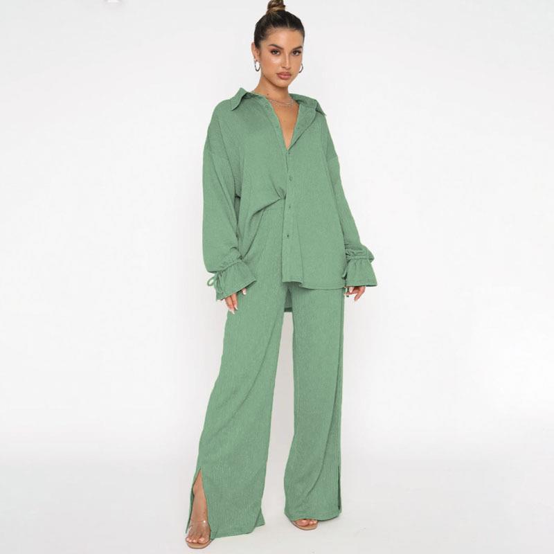 Women's Spring Solid Color Polo Collar Single-breasted Long Sleeve Tied Tops