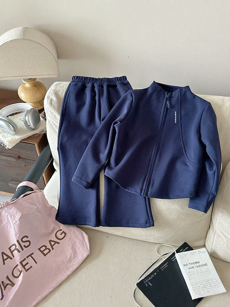 Children's Style Sweater Zipper Coat Bell-bottom Pants Stand Collar Two-piece Children's Suit