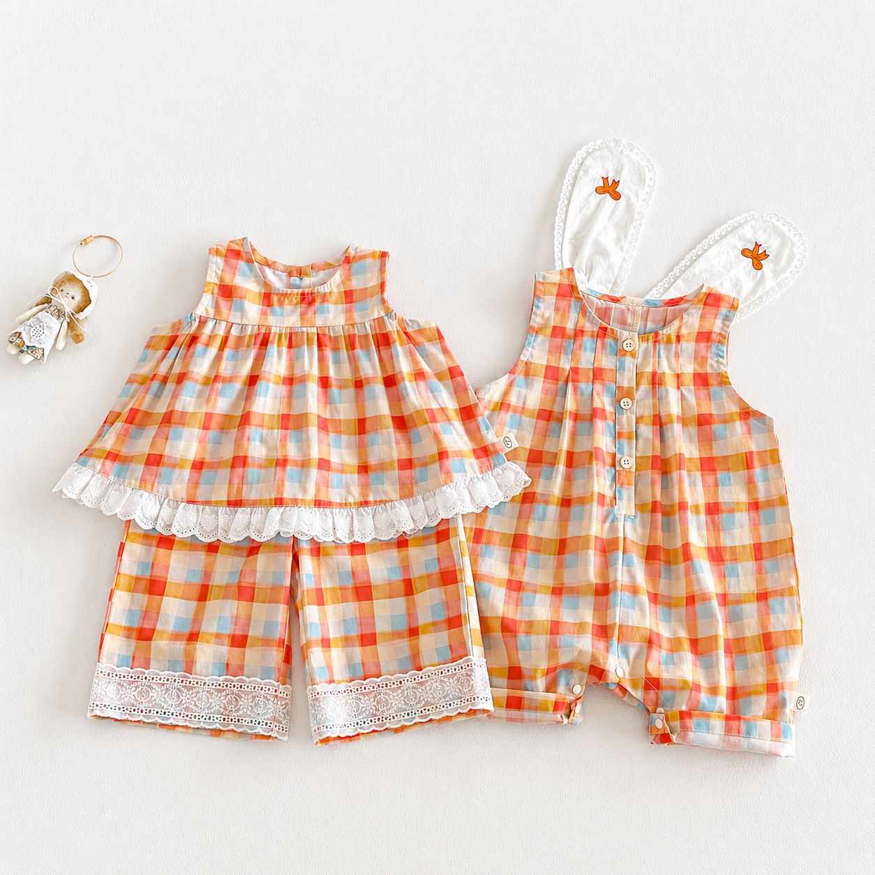 Super Cute Suspender Summer Fashion Big Ears Jumpsuit Plaid Children's Pants