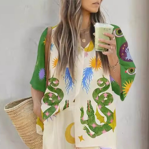 Women's Cartoon Printed Shirt Loose-fitting Trousers Set Fashion Casual Suit