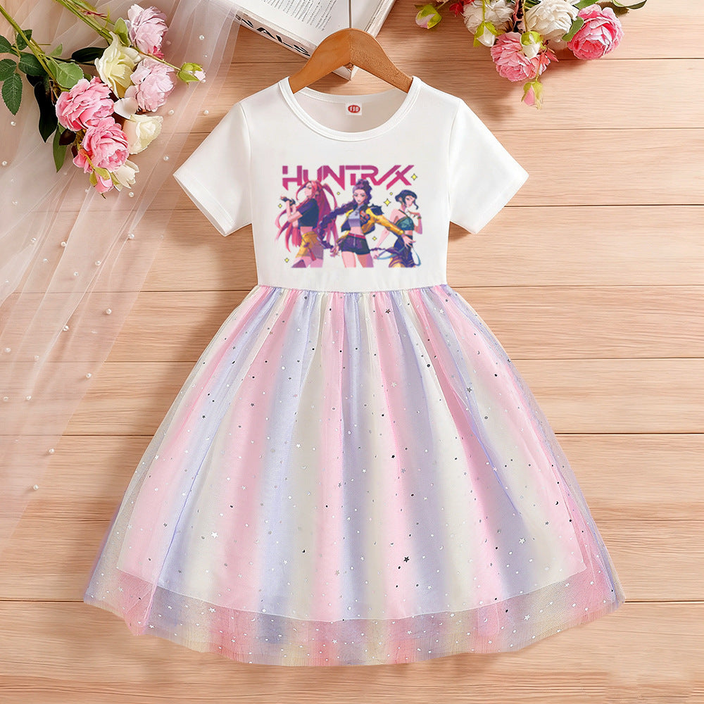 Children's Short Sleeve Clothing Gauze Rainbow Princess Skirt Children's Dress