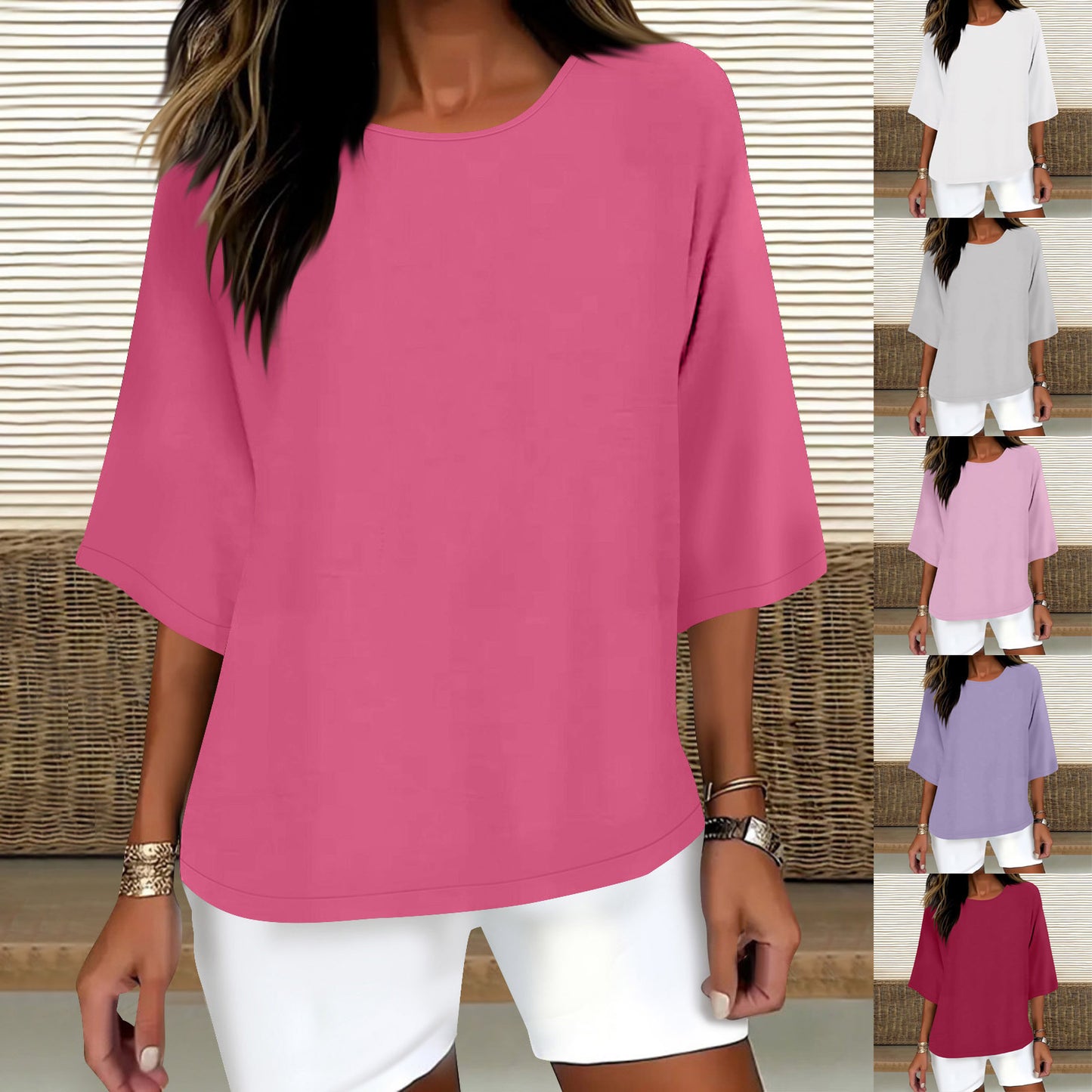 Women's Three-quarter Sleeve Round Neck Cotton Linen Blouse