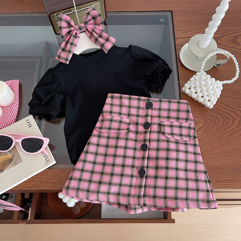 Children's Short-sleeved Shirt Plaid A- Line Dress Children's Suit