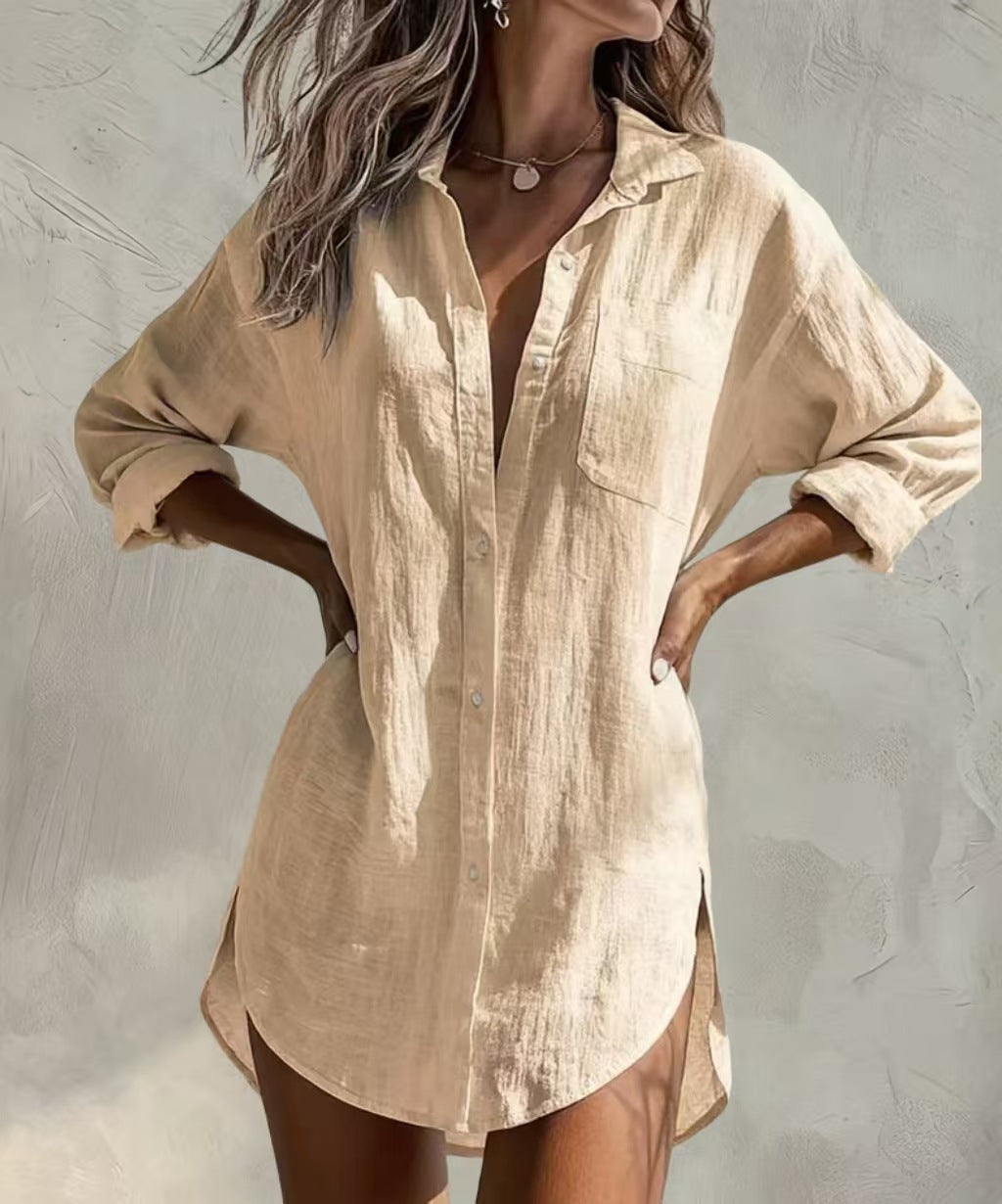 Women's Casual Outerwear Mid-length Lapel Loose Solid Blouse