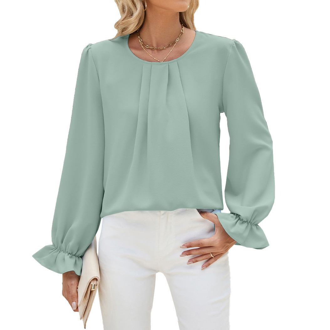 Solid Color Round Neck Loose Long Tops