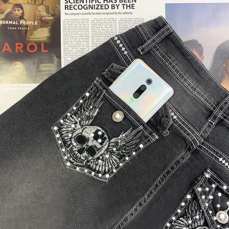 Women's Embroidered Skull Hot Rhinestone Stretch Slim Fit Slimming Small Denim Pants