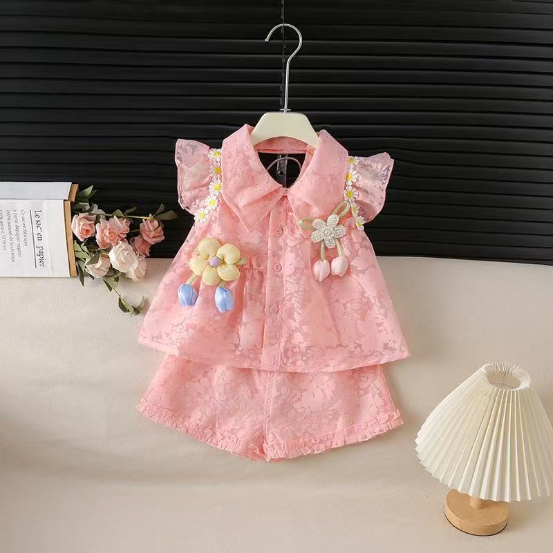 Korean Style Single-breasted Floral Thin Summer Regular Flying Sleeve Children's Suit