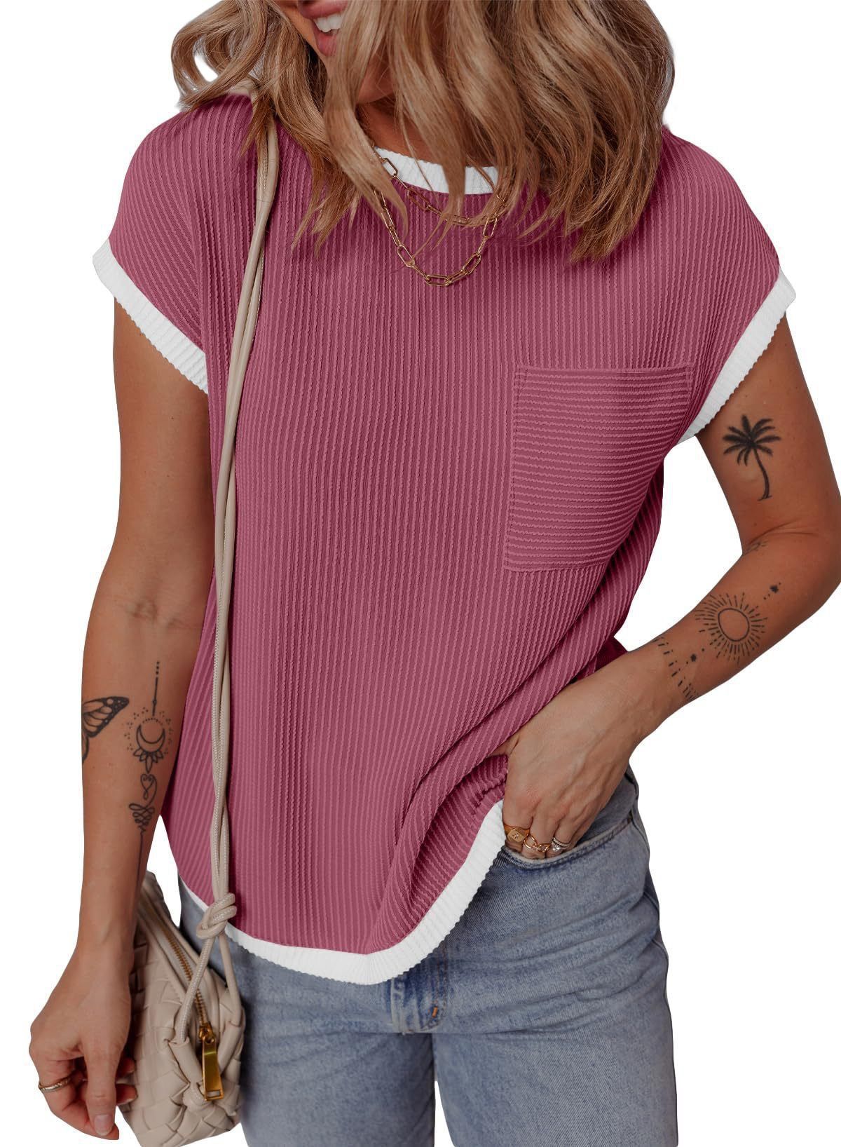 Women's Round Neck Knitted In Contrast Color Casual Twist Women's T-shirt