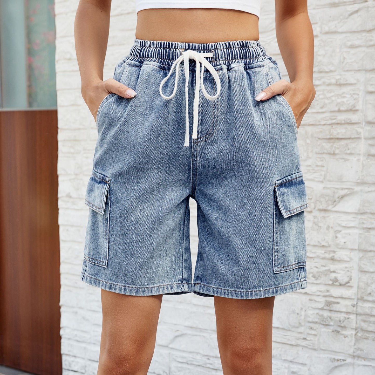 Women's Washed Tied Elastic Waist Denim Fashion Women's Jeans