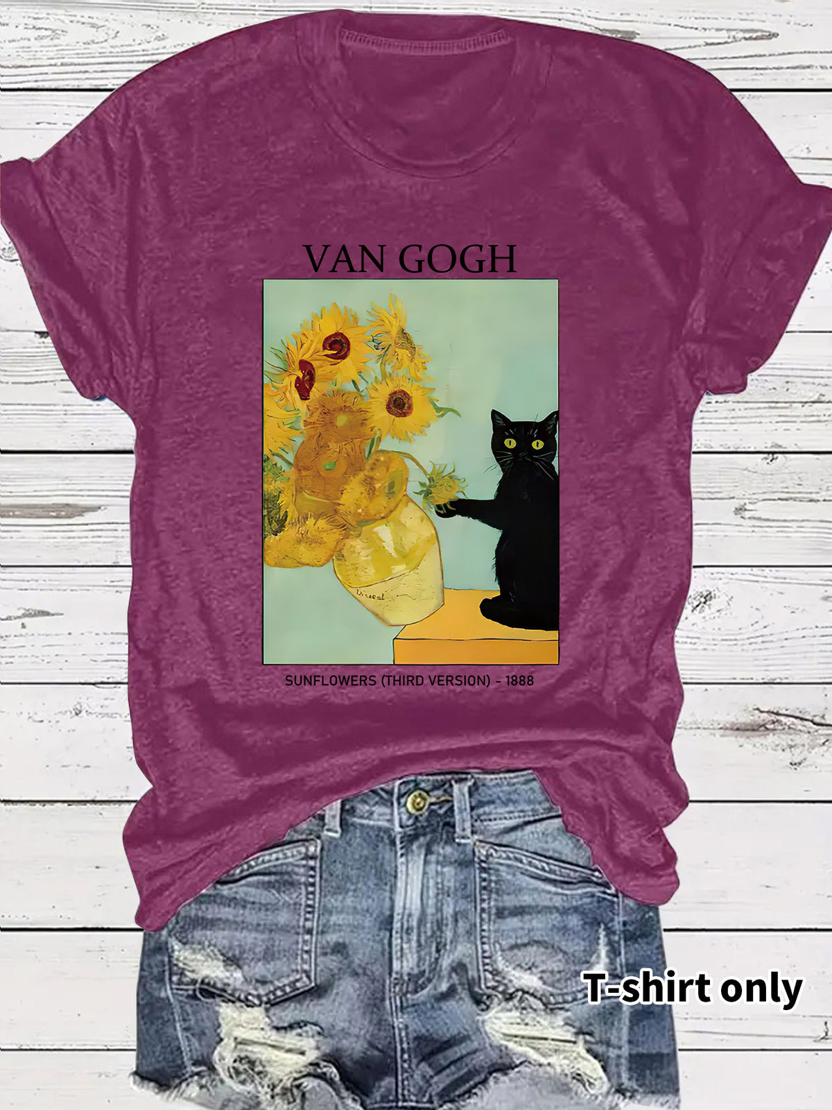 Women's Van Gogh Sunflower Cat Art Print Loose Casual Round Neck Women's T-shirt