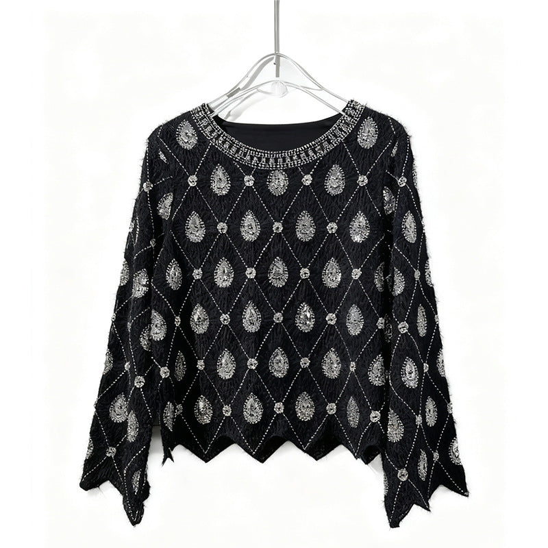 Women's Beaded Sequins Elegant Serrated Edge Rhombus Round Neck Long Sleeve Tops