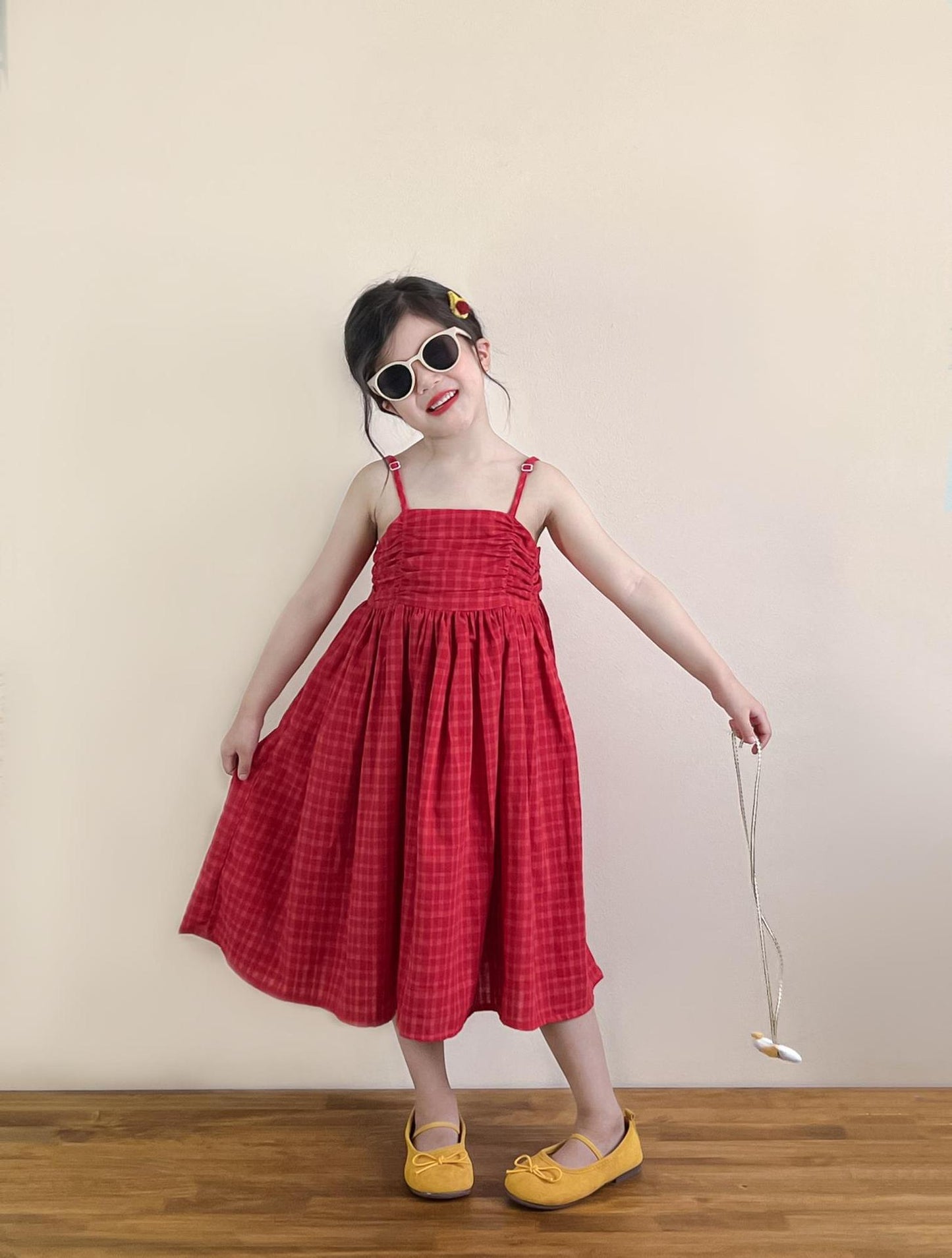 Vacation Style Red Plaid Sling Adjustable Large Skirt Vest Sleeveless Children's Dress
