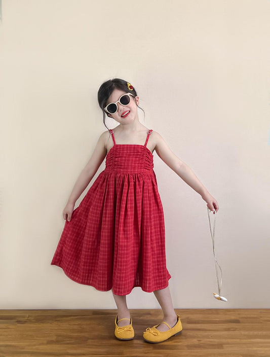 Vacation Style Red Plaid Sling Adjustable Large Skirt Vest Sleeveless Children's Dress