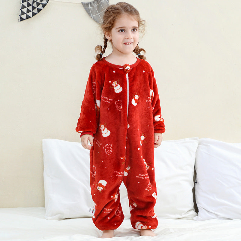 Children's One-piece Pajamas Flannel Cartoon Christmas Clothing Sleeping Jumpsuit, Climbing Suit