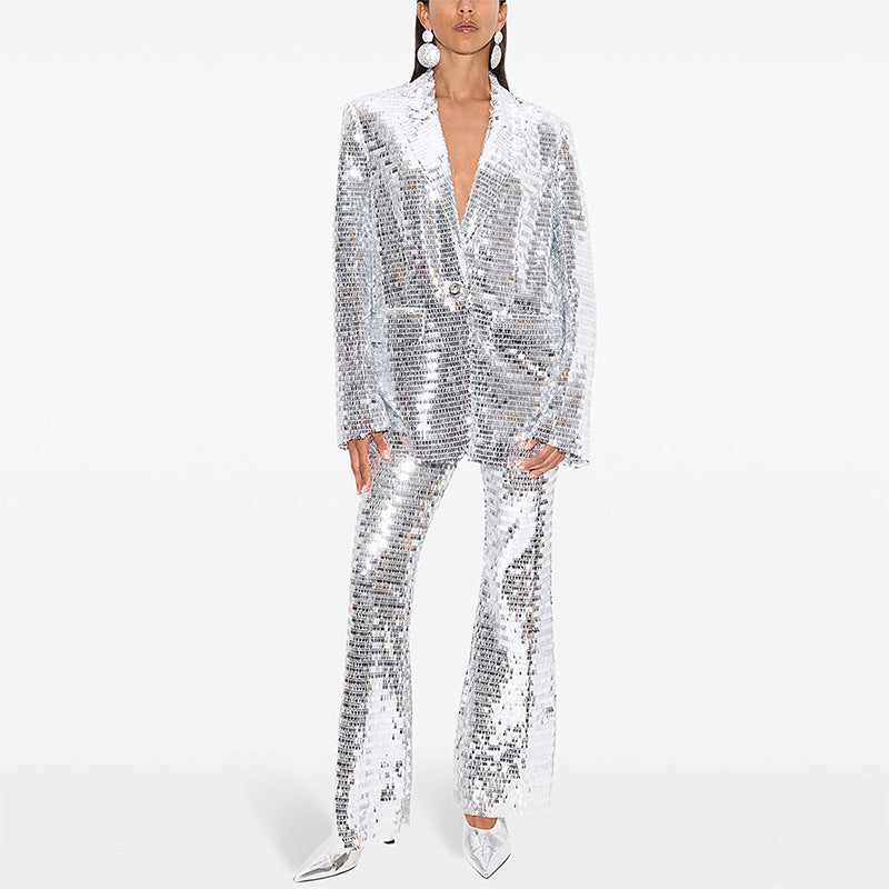 One Button Mesh Sequins Two-piece Set Fashion Casual Suit