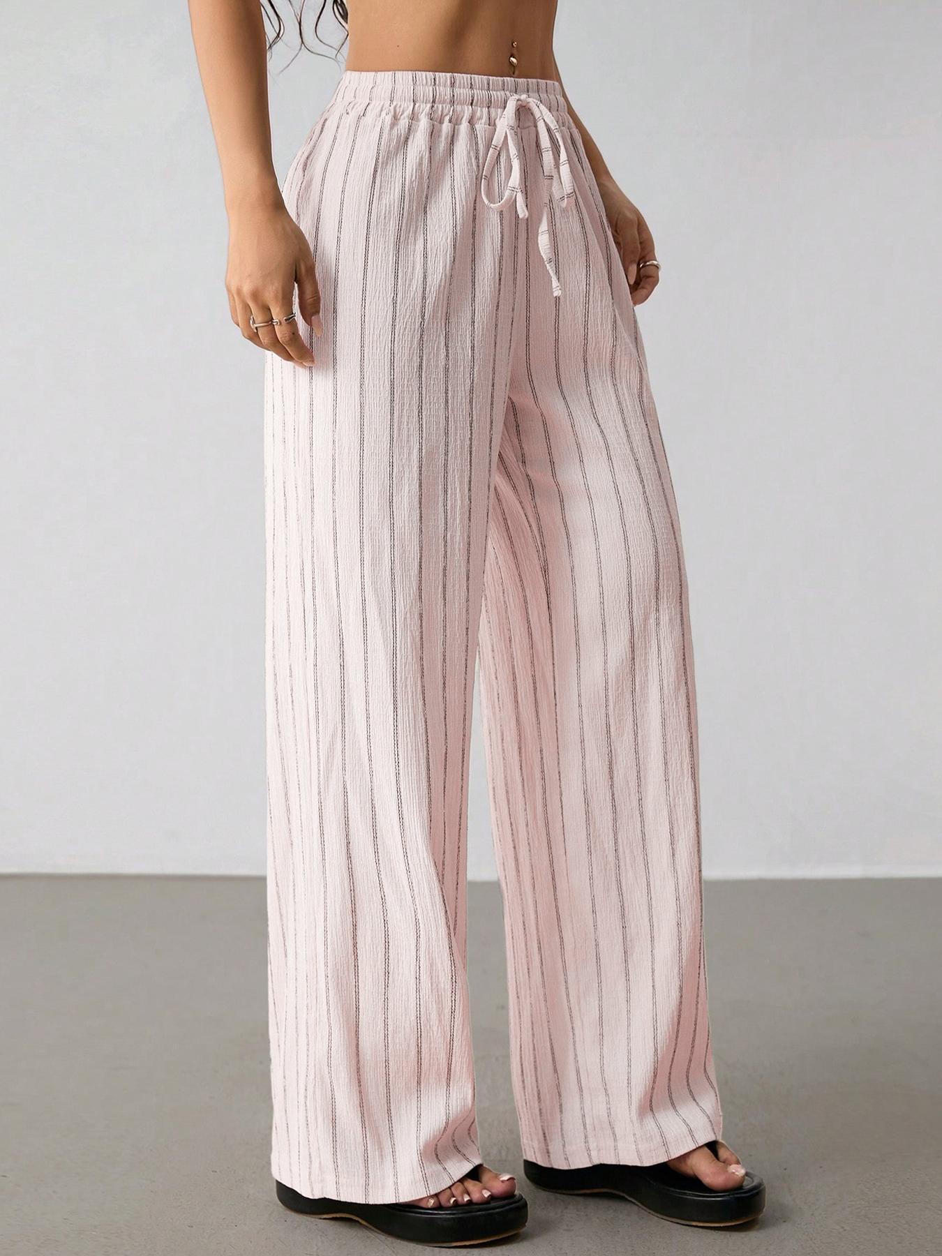Women's Loose Striped Drawstring Elastic Waist Contrast Color Wide Leg Casual Pants