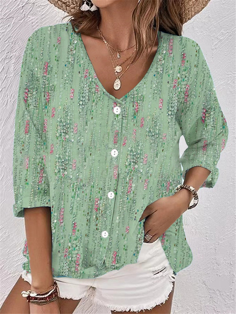 Casual Women's Buttons Printed Long Sleeve Lace Shirt, Chiffon Shirt