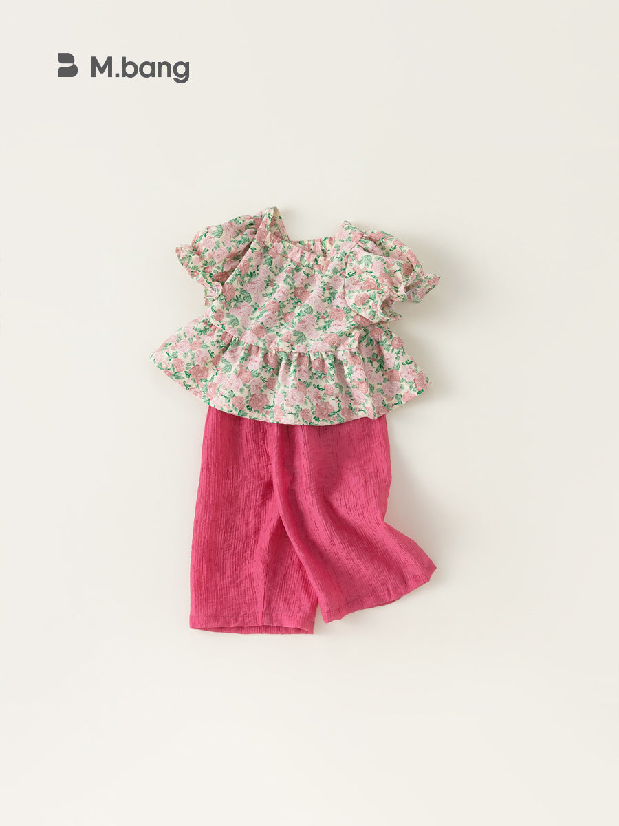 Children's Summer Dress Puff Sleeve Top Pants Clothes Children's Suit