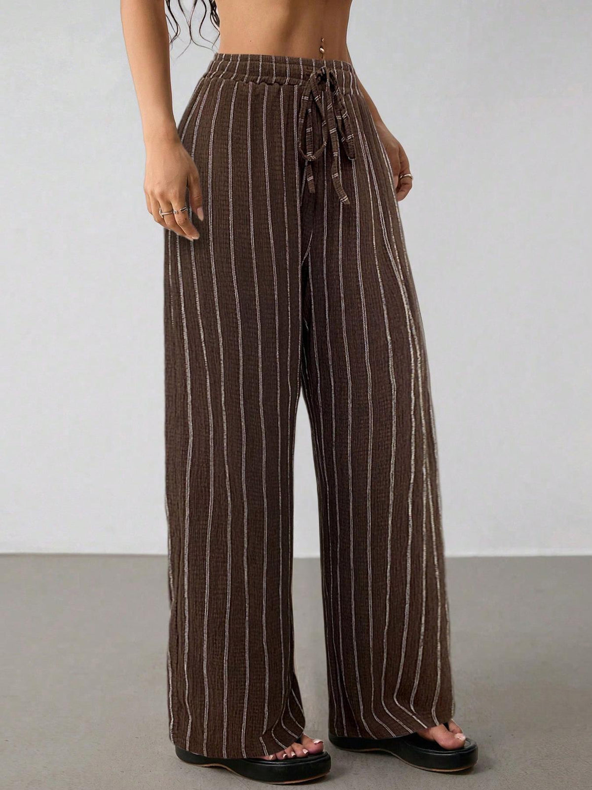 Women's Loose Striped Drawstring Elastic Waist Contrast Color Wide Leg Casual Pants