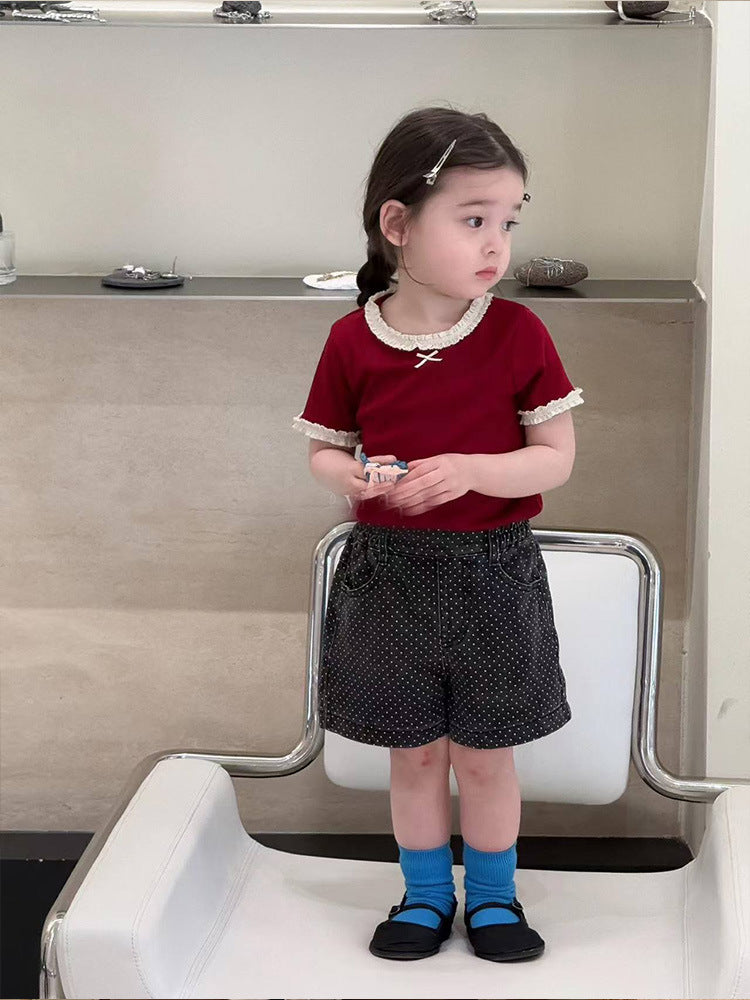 Lace Collar Short-sleeved T-shirt Polka Dot Short Children's Suit