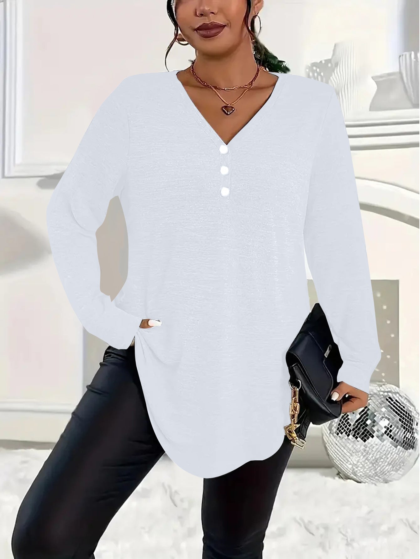 Women's Clothes Buttons Solid Color Long-sleeved Tops