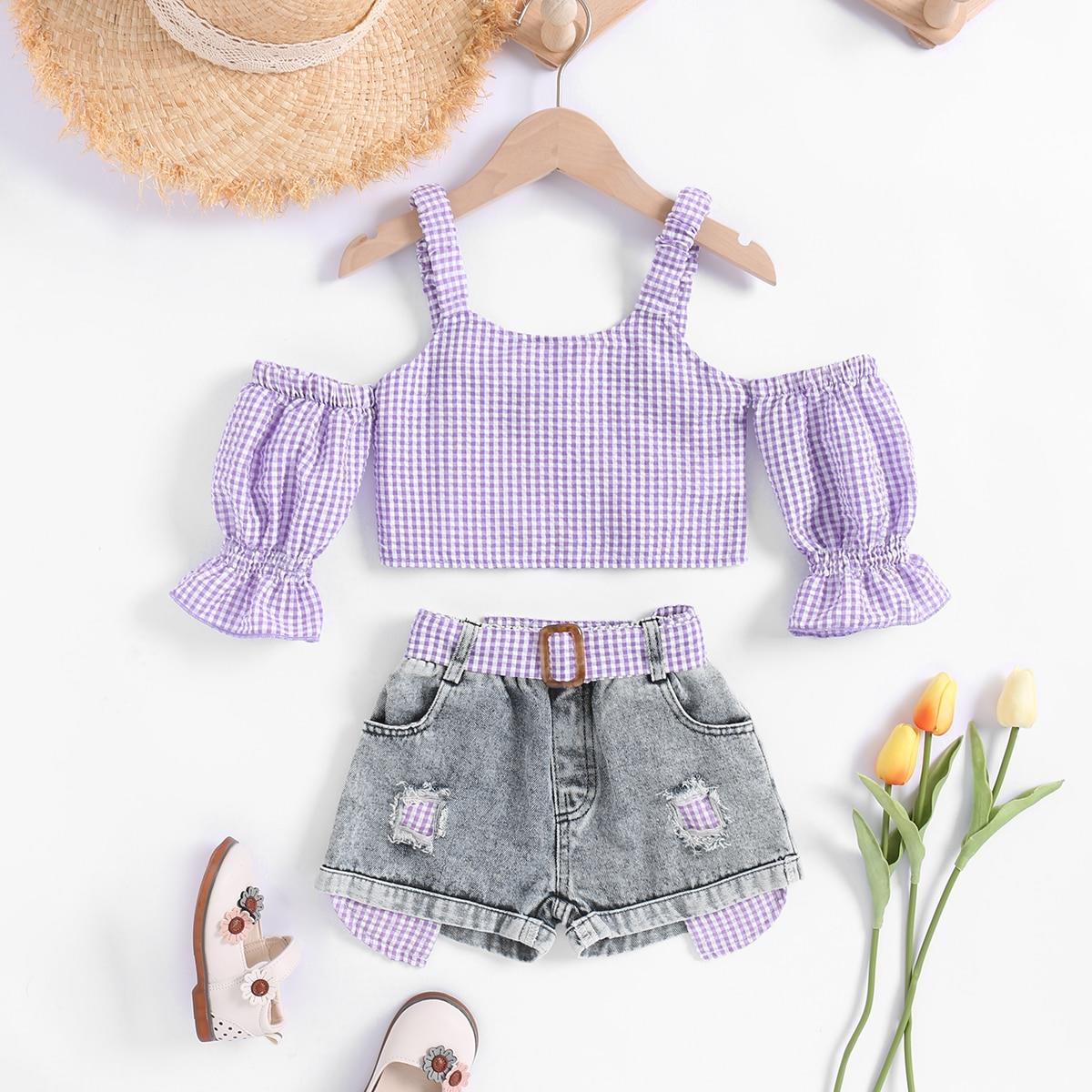 Summer Strap Puff Sleeve Sweet Two-piece Children's Suit