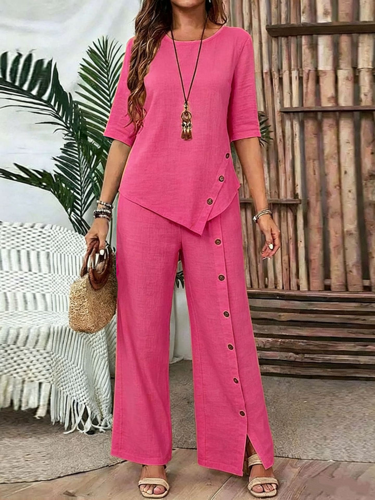 Women's Irregular Hem Trousers Button Half Sleeve Suits