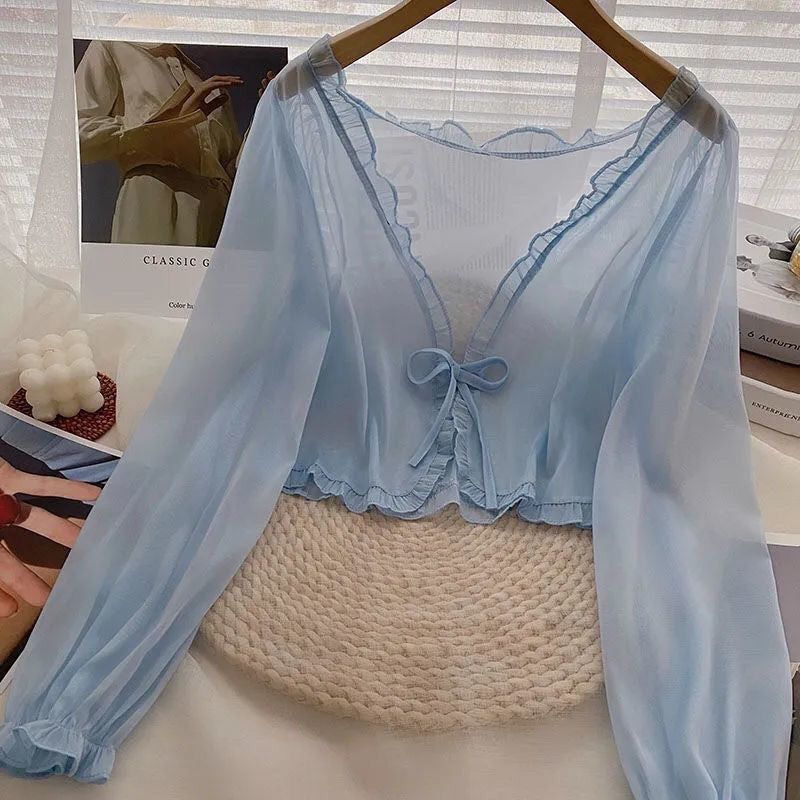 Women's Suspender Small Shawl Outerwear Cover-up Summer Sun Protection Super Lace Shirt, Chiffon Shirt