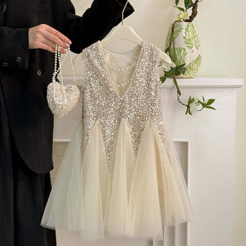 Children's Summer Western Style Fashion Pearl Sequined Children's Dress