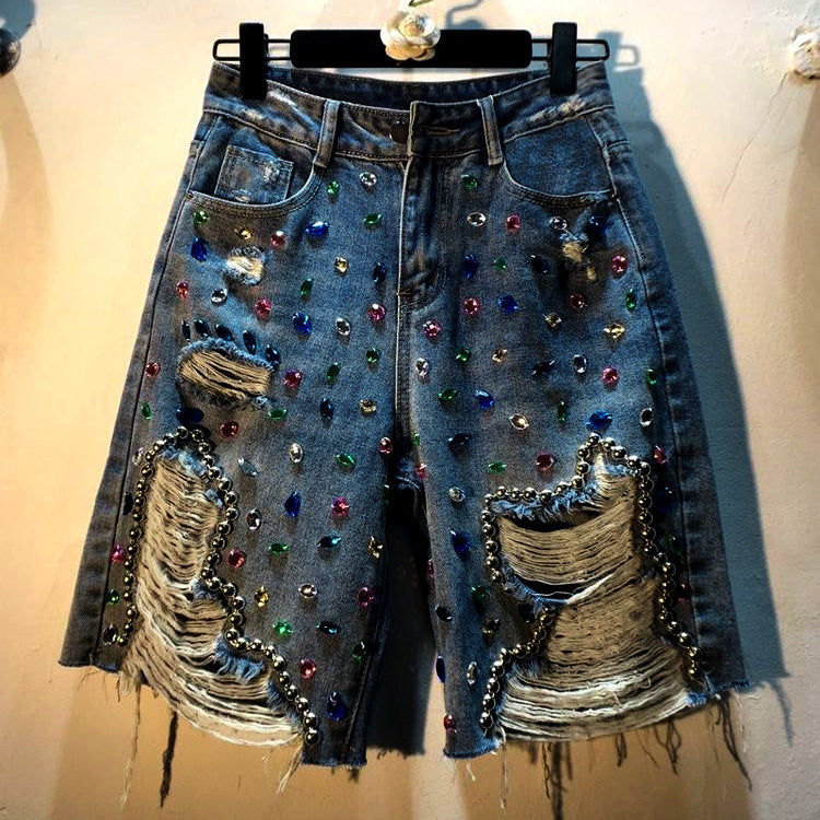 Women's Color Rhinestone Beaded Ripped Denim Diamond Studded Women's Jeans