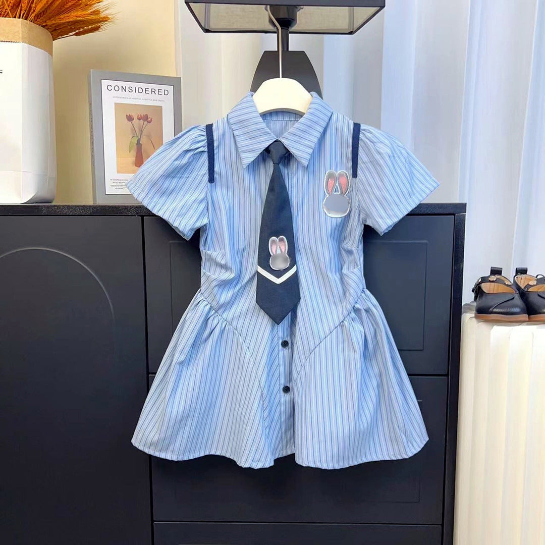 Children's Preppy Style Korean Pleated Skirt Summer Striped Children's Dress