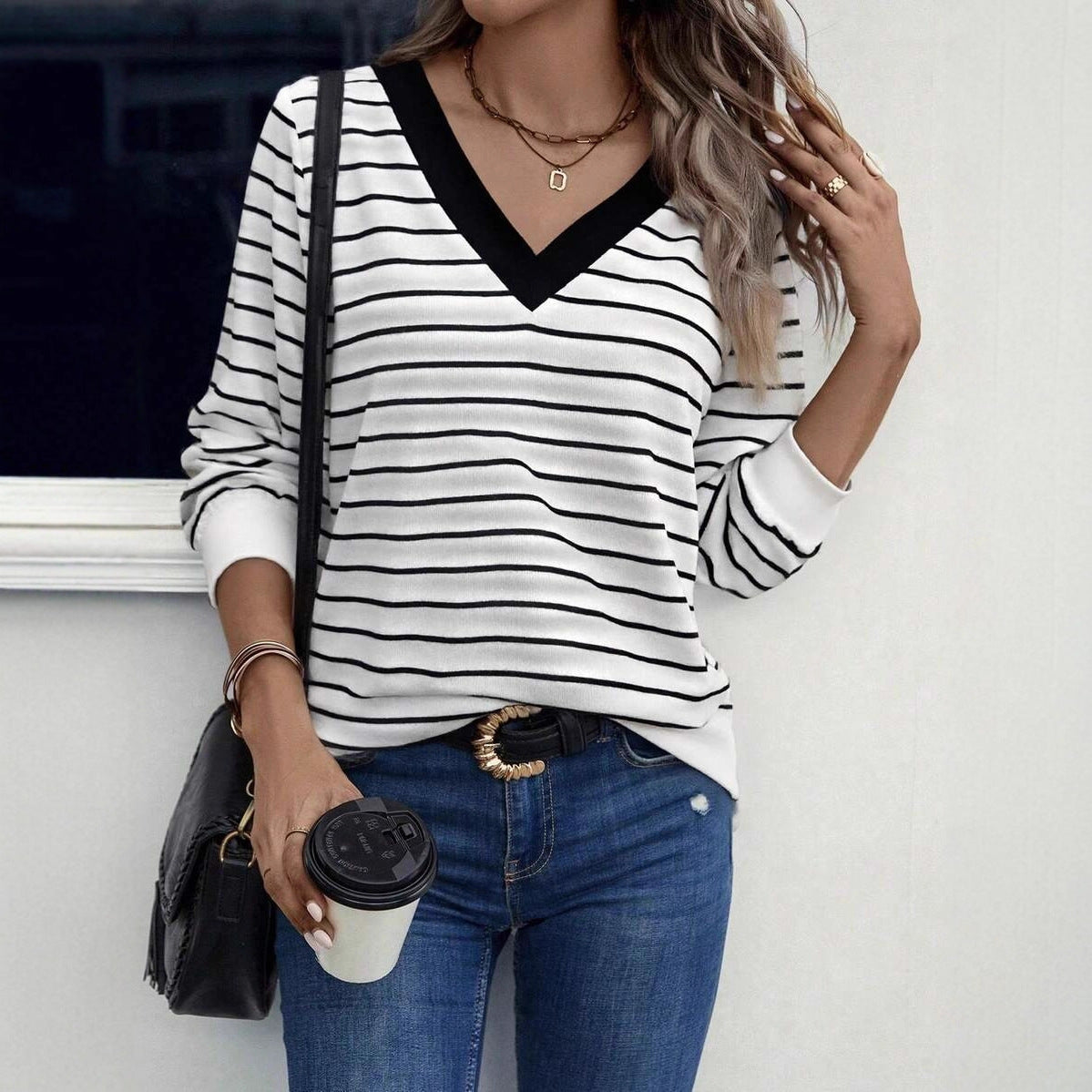 Women's Casual Striped V Neck Pullover Long Women's T-shirt