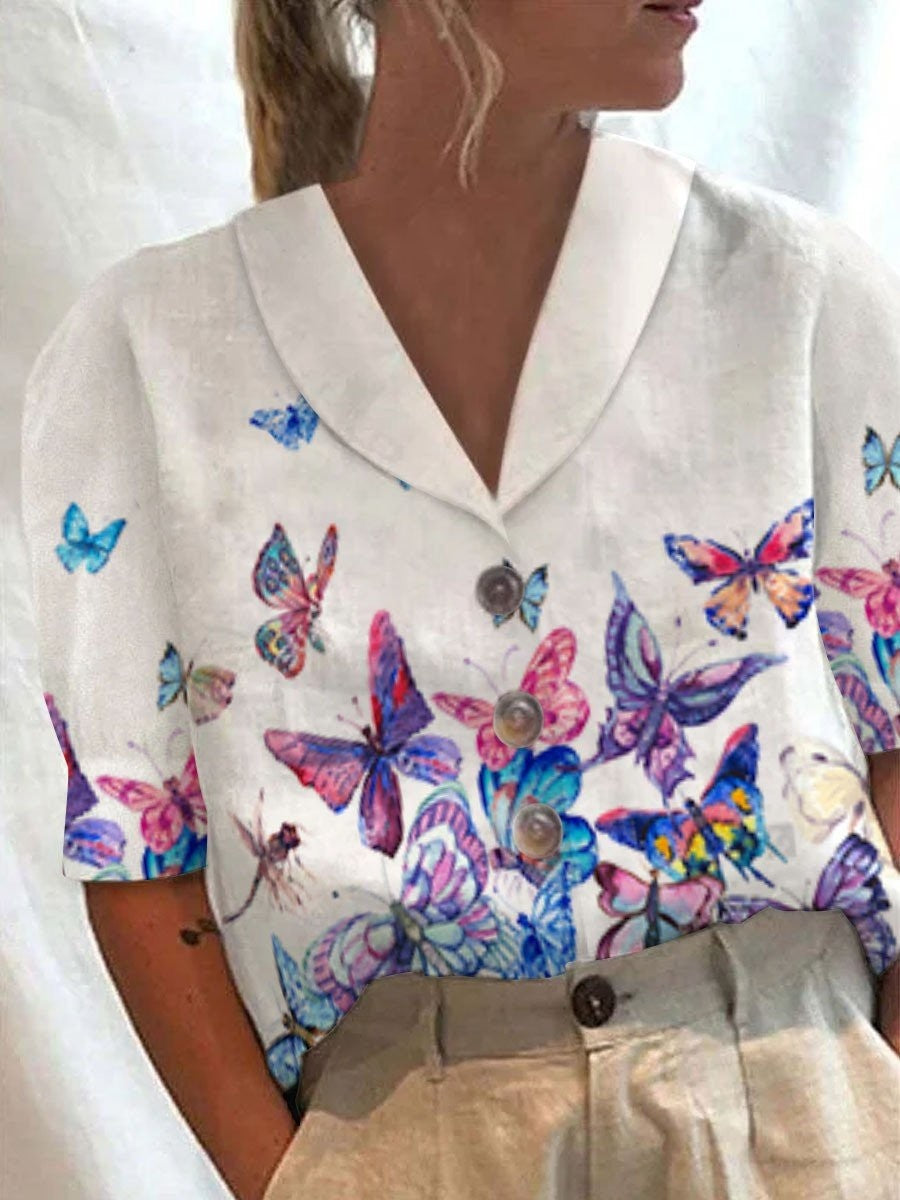Women's Collar Button Casual Long Half Sleeve Cotton Blouse