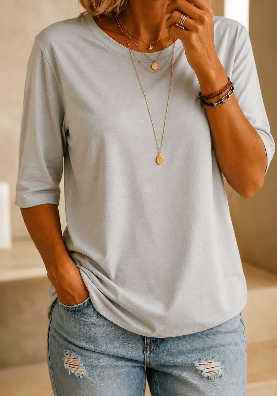 Women's Casual Round Neck Shoulder Half Sleeve Women's T-shirt