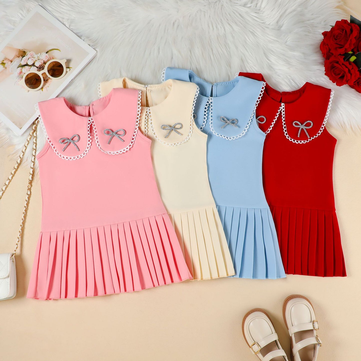 Summer Fashionable Collar Bow Diamond Sleeveless Pleated Skirt Sweet Children's Dress