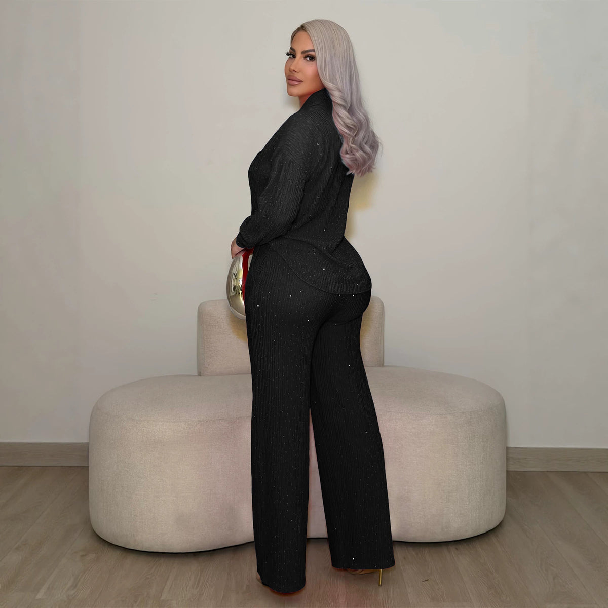 Women's Rhinestone Pleated Long-sleeved Lapel Shirt Trousers Fashion Casual Suit