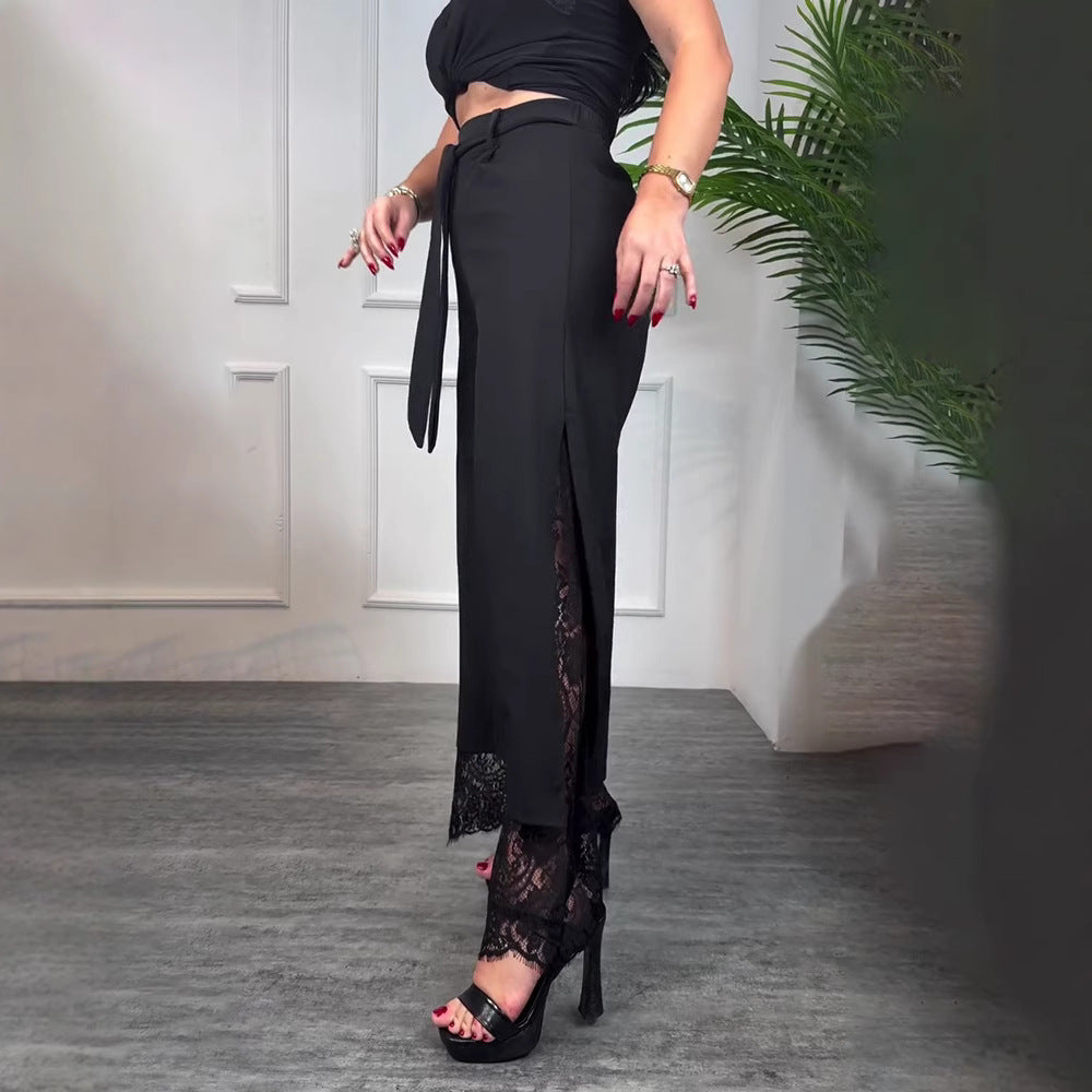 Women's Spring Solid Color Lace Stitching Tied Casual Pants