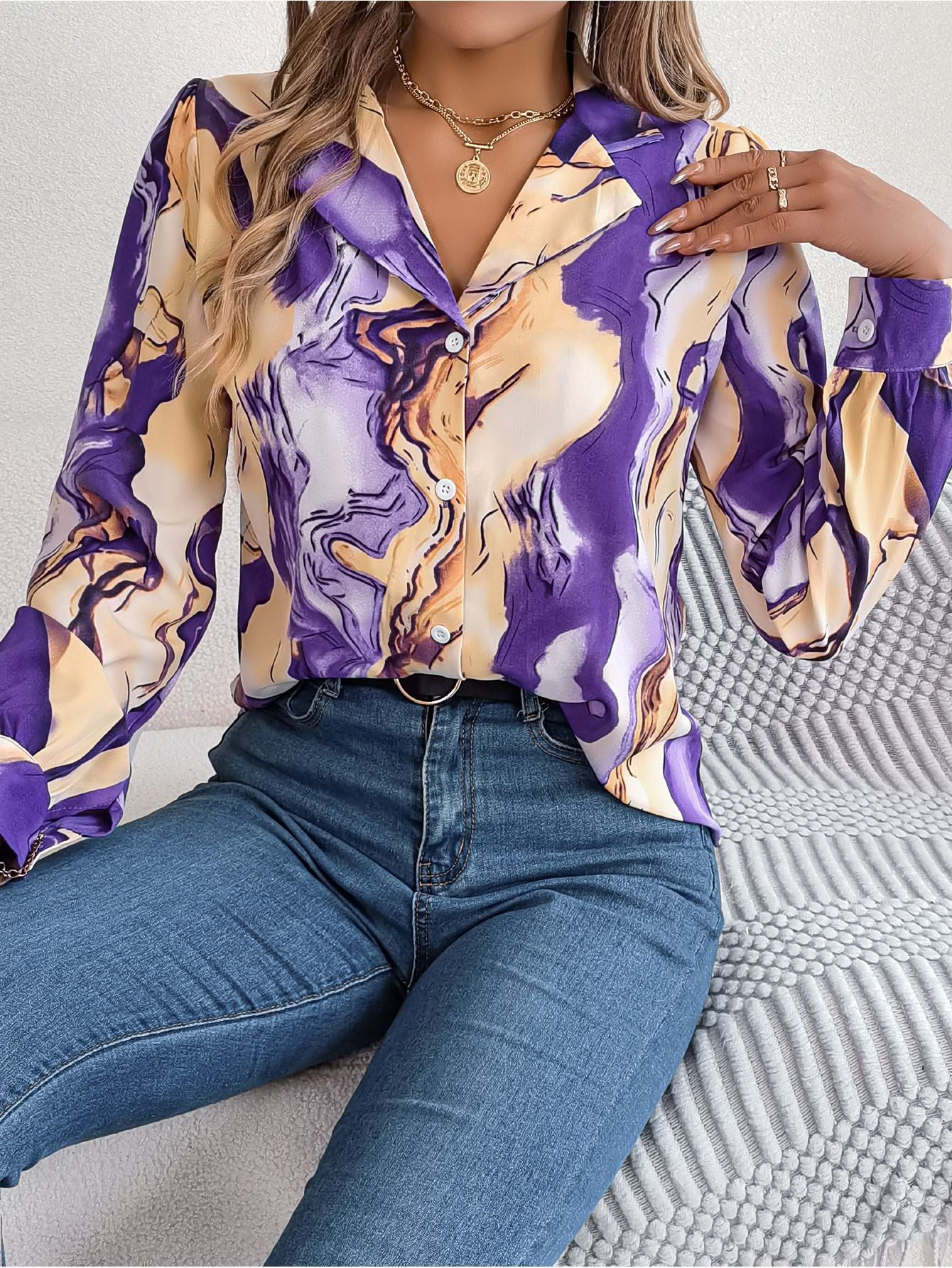 Women's Casual Contrast Color Striped Collar Long Lace Shirt, Chiffon Shirt